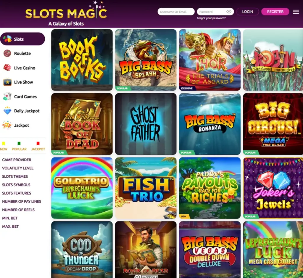 Slots Magic Casino desktop slots variety screenshot showing multiple slot categories, featured games and provider filters - tested