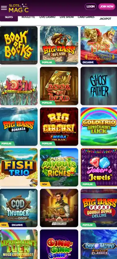 Slots Magic Casino mobile slots variety screenshot displaying featured slots, categories and touch-optimized navigation - tested