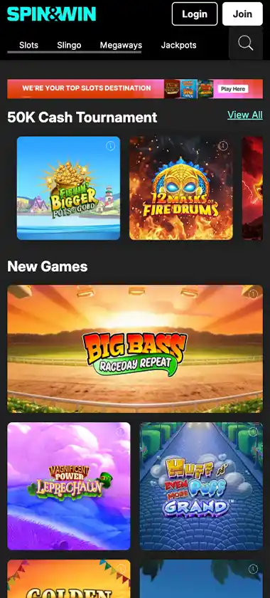 Spin and Win Casino mobile home page - captured during our review