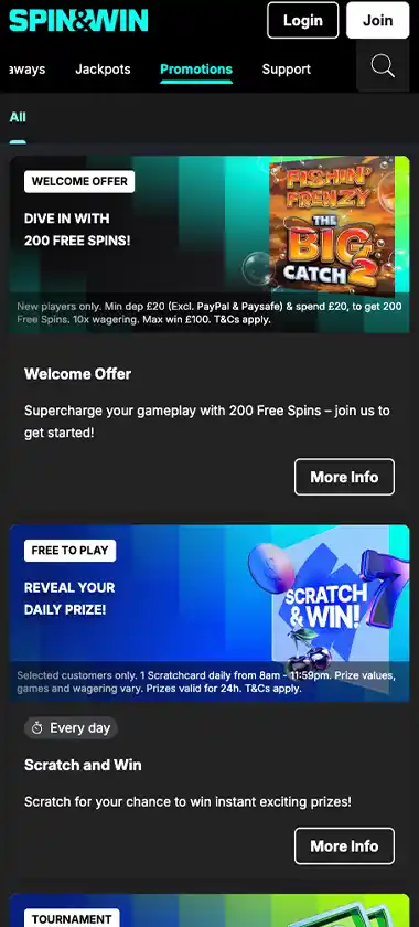 Spin and Win Casino mobile promotions - captured during our review