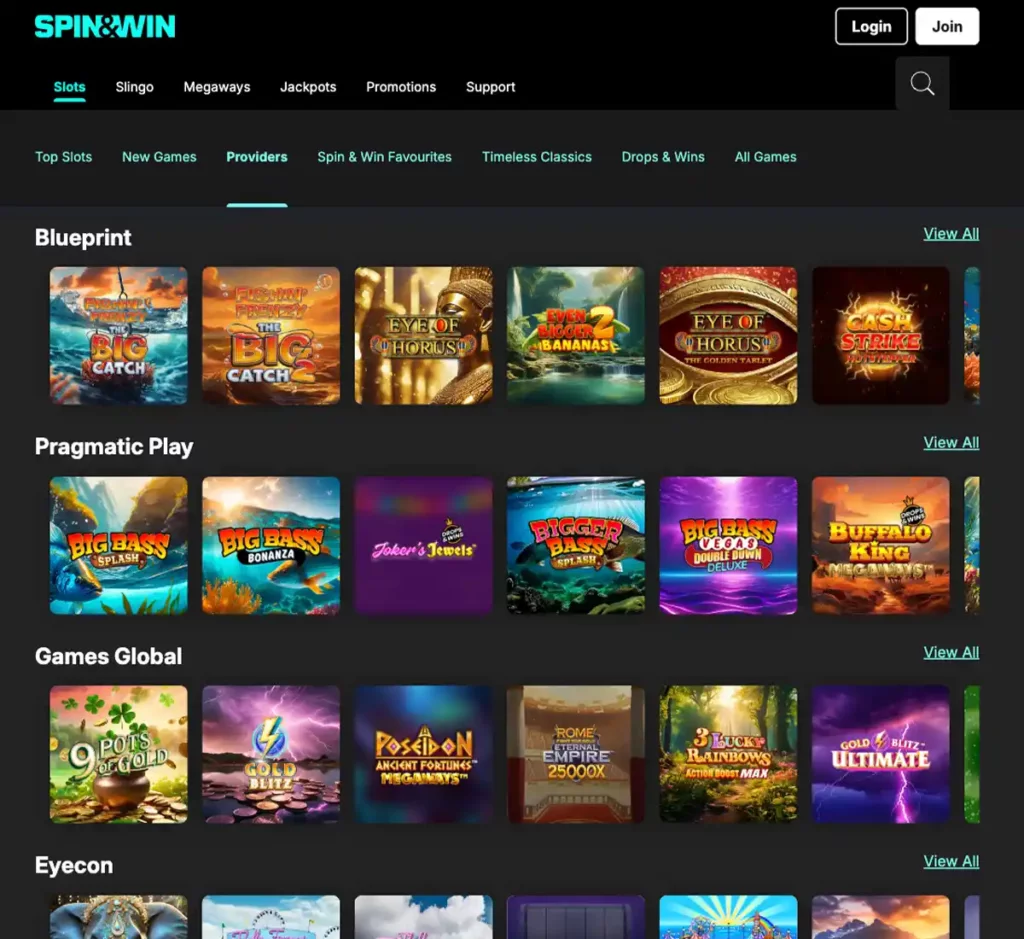 Spin and Win Casino desktop software providers available - captured during our review