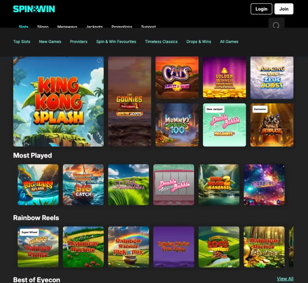 Spin and Win Casino desktop slots variety - captured during our review