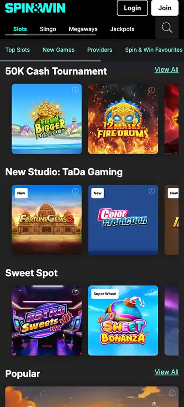 Spin and Win Casino mobile slots variety - captured during our review