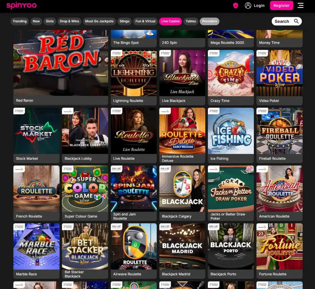 SpinYoo Casino desktop live dealer games collection screenshot showing roulette, blackjack and baccarat tables in lobby view with categories and provider filters - tested