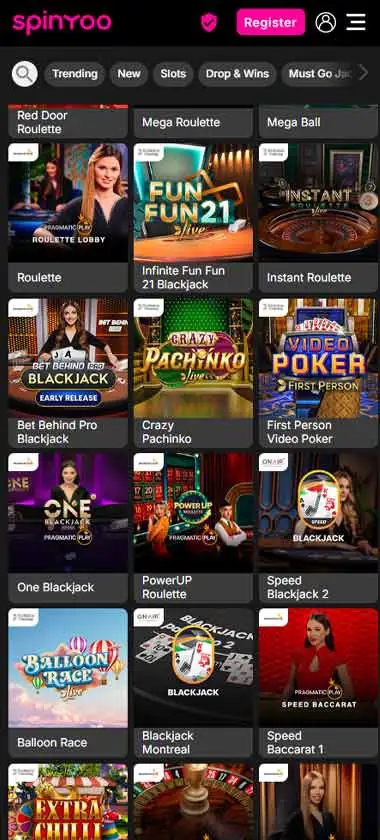 SpinYoo Casino mobile live dealer games collection screenshot displaying available live tables and categories with mobile-friendly interface/navigation - tested