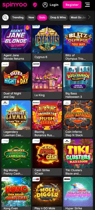 SpinYoo Casino mobile slots variety screenshot displaying featured slots, categories and touch-optimized navigation - tested