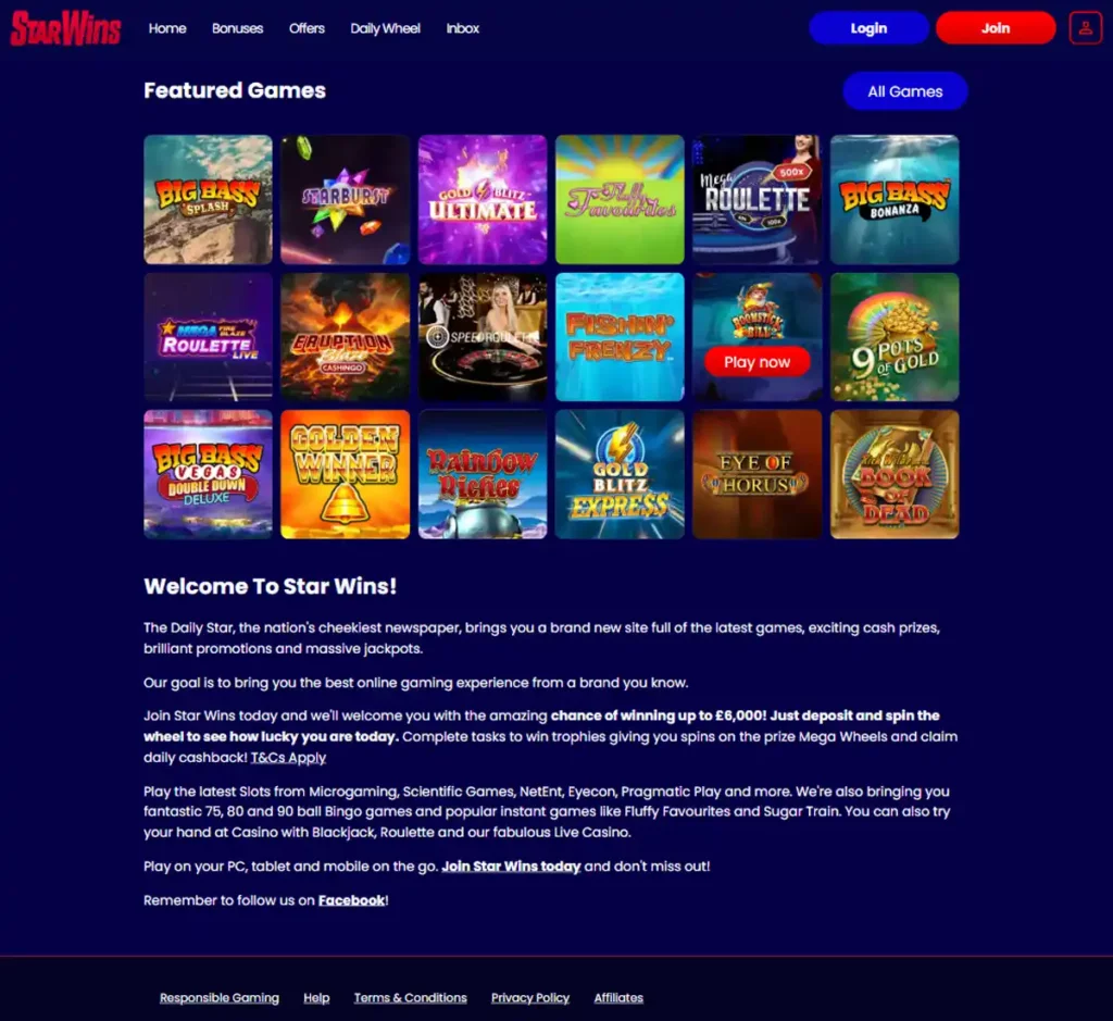 Star Wins Casino desktop homepage screenshot showing main navigation, featured games and promotional banners - tested