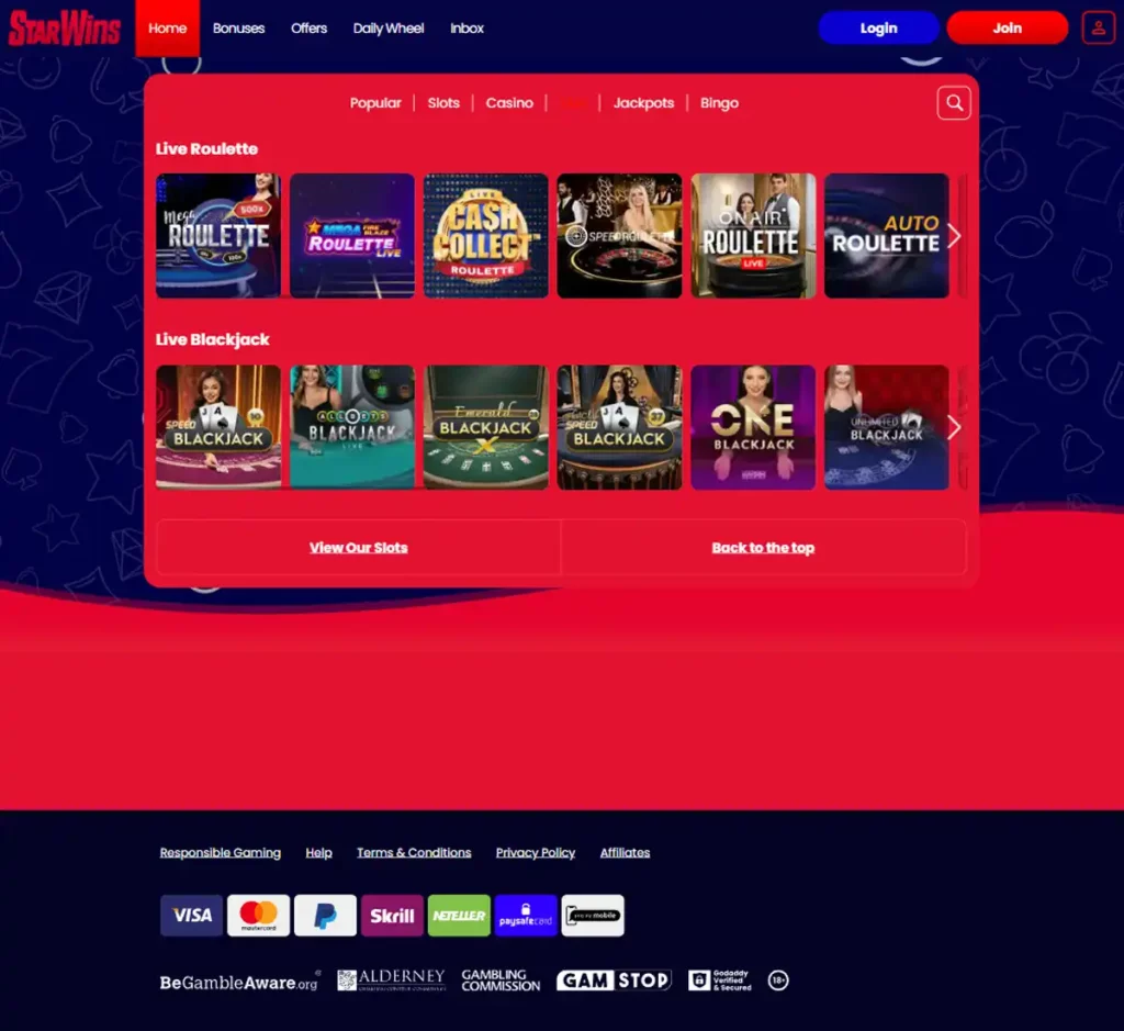 Star Wins Casino desktop live dealer games collection screenshot showing roulette, blackjack and baccarat tables in lobby view with categories and provider filters - tested
