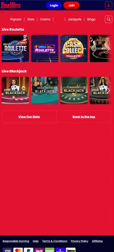 Star Wins Casino mobile live dealer games collection screenshot displaying available live tables and categories with mobile-friendly interface/navigation - tested