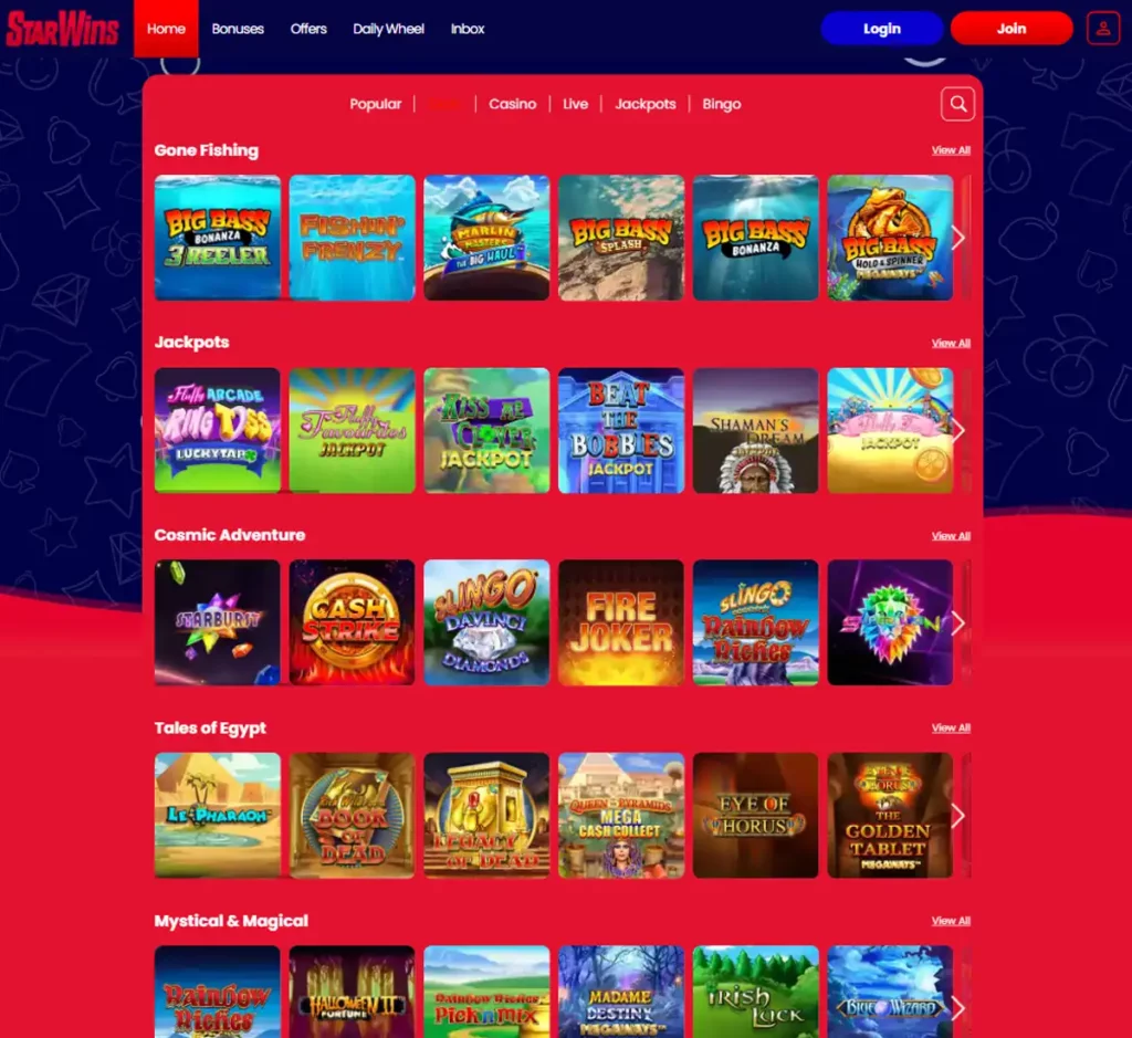 Star Wins Casino desktop slots screenshot showing multiple slot categories, featured games and provider filters - tested
