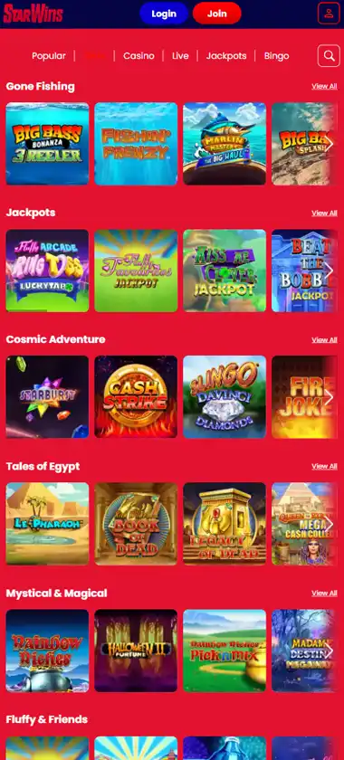 Star Wins Casino mobile slots variety screenshot displaying featured slots, categories and touch-optimized navigation - tested