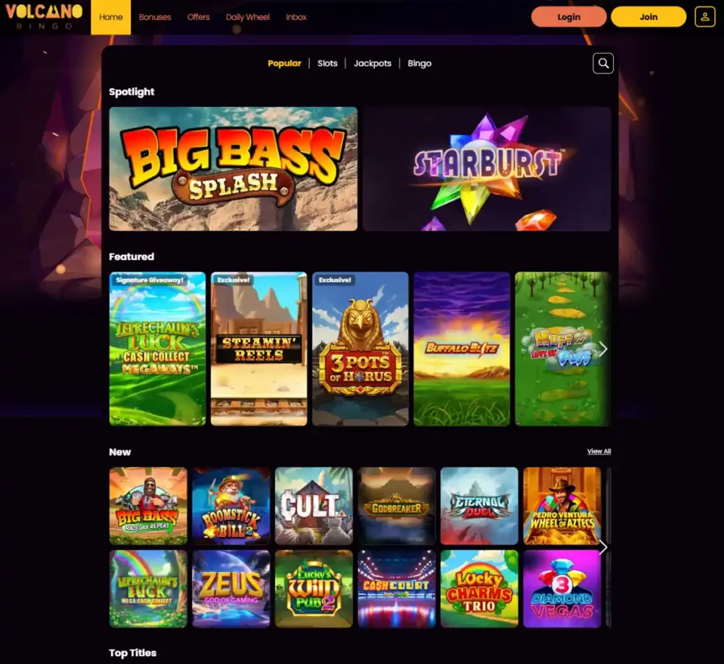 olcano Bingo desktop homepage screenshot showing main navigation, featured games and promotional banners - tested