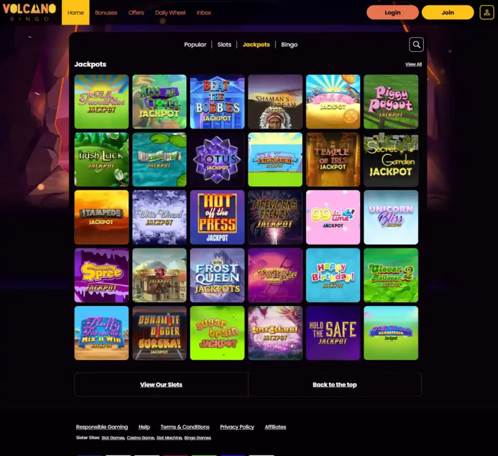 Volcano Bingo desktop jackpots screenshot showing progressive jackpot titles, prize amounts and provider filters - tested