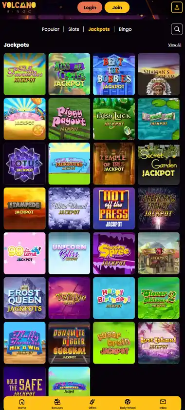 Volcano Bingo mobile jackpots screenshot displaying progressive jackpot titles, prize amounts and touch-optimized navigation - tested