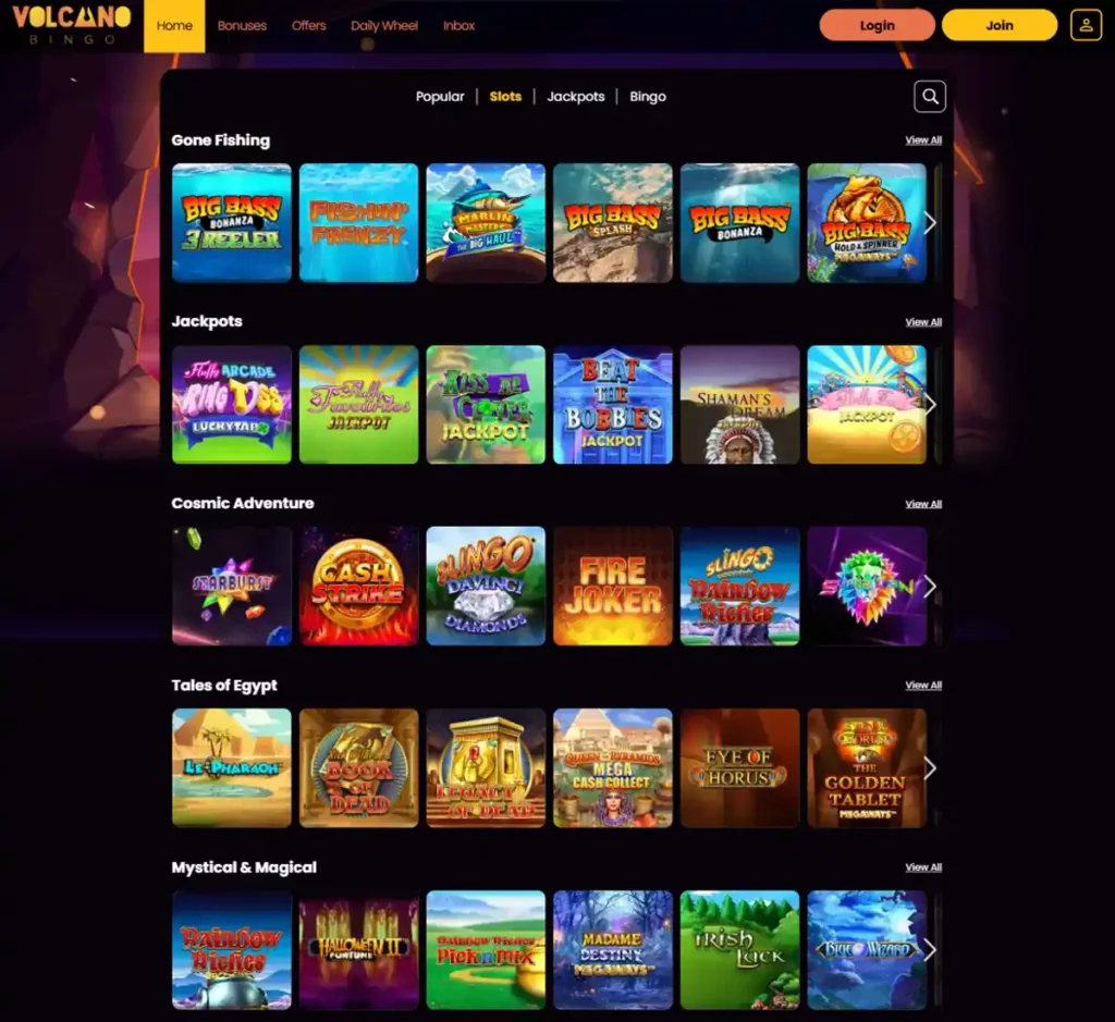Volcano Bingo desktop slots screenshot showing multiple slot categories, featured games and provider filters - tested