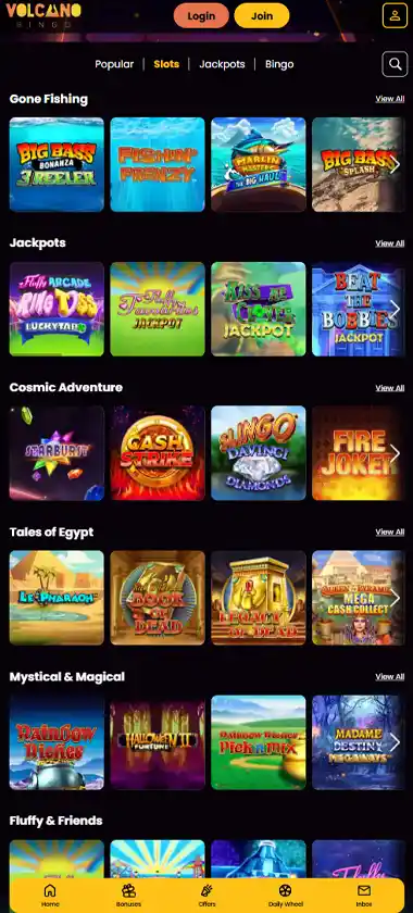 Volcano Bingo mobile slots variety screenshot displaying featured slots, categories and touch-optimized navigation - tested