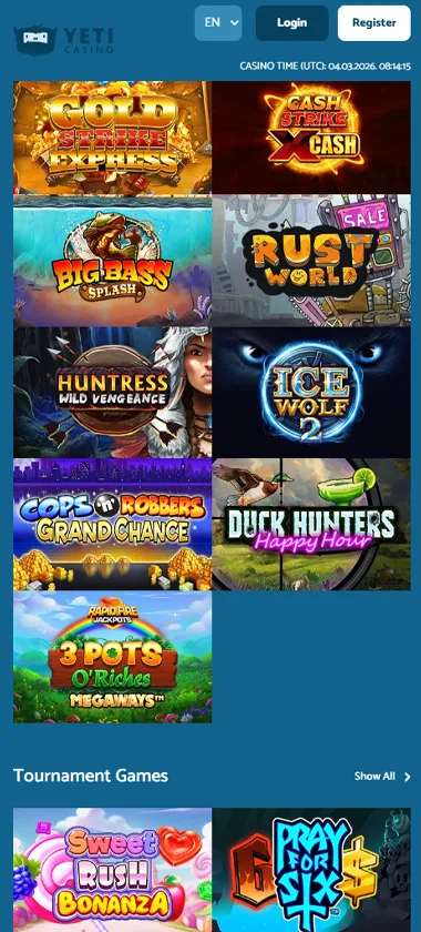 Yeti Casino mobile homepage screenshot showing hero banners, navigation menu, featured games, and promotional sections on smartphone interface - tested