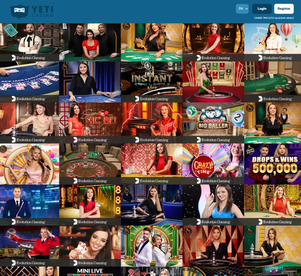 Yeti Casino desktop live casino screenshot displaying live dealer tables, streaming interface, and game selection grid on widescreen layout - tested