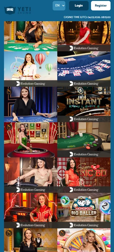 Yeti Casino mobile live casino screenshot showing live dealer tables, game thumbnails, and lobby navigation on smartphone interface - tested