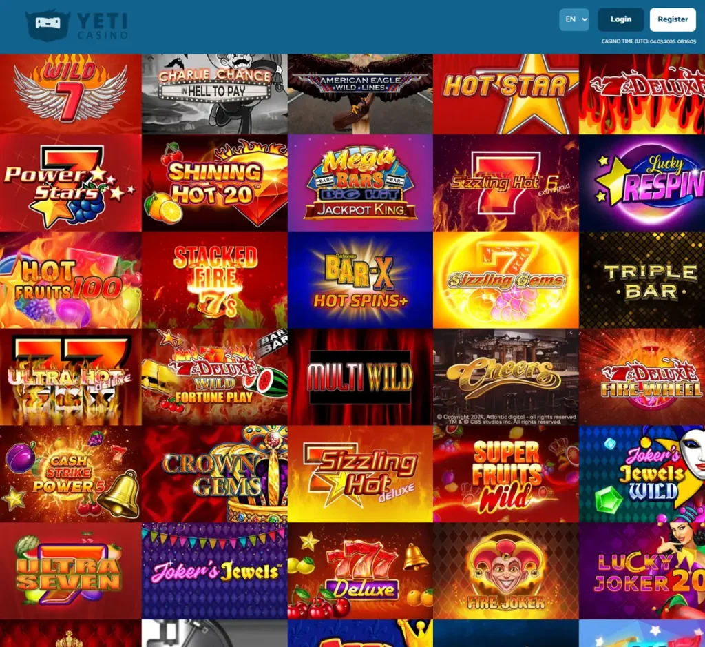 Yeti Casino desktop slots screenshot displaying full game library with categories, featured slots, and filtering options on widescreen interface - tested