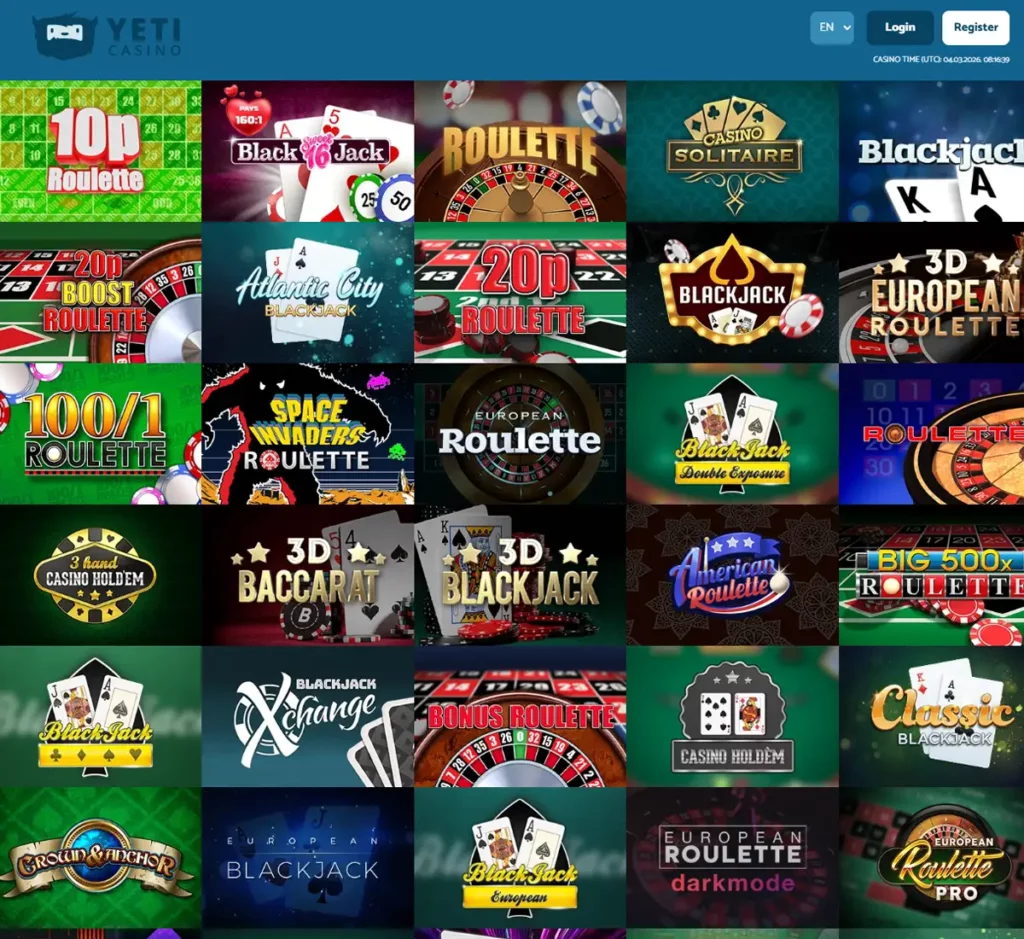Yeti Casino desktop table games screenshot displaying blackjack, roulette, and other table game options with categories and game thumbnails on widescreen interface - tested