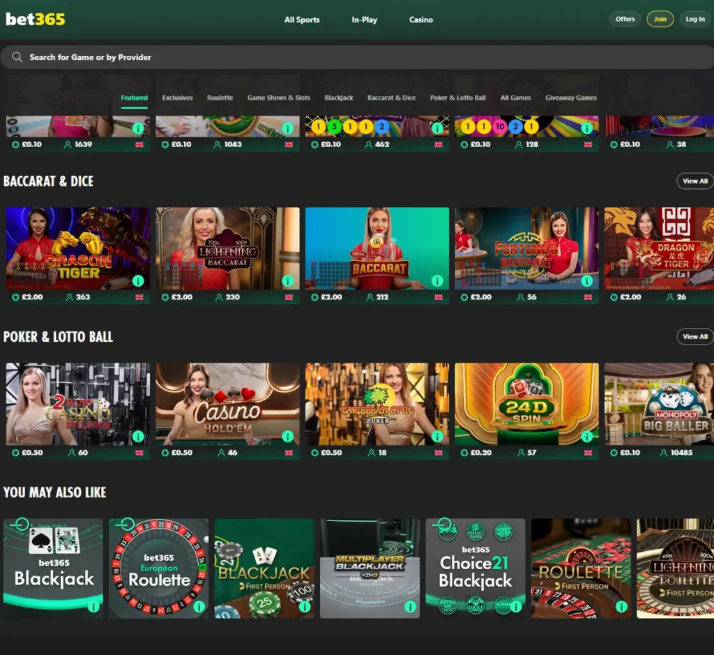 bet365 Casino desktop live dealer games collection screenshot showing roulette, blackjack and baccarat tables in lobby view - tested