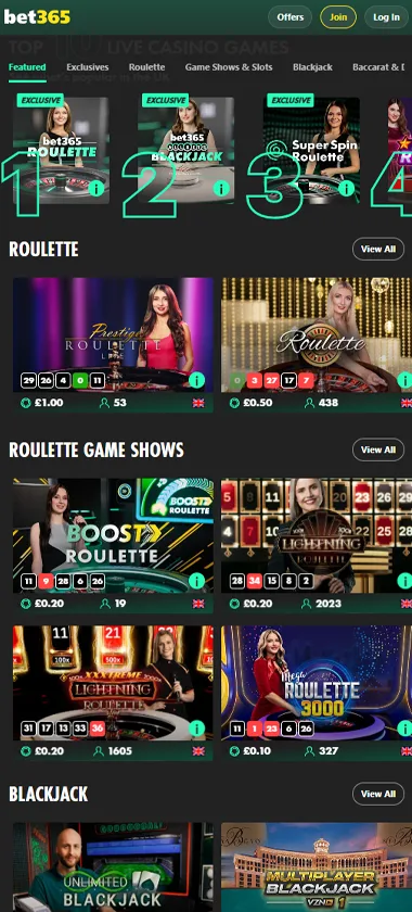 bet365 Casino mobile live dealer games collection screenshot displaying available live tables and categories - tested