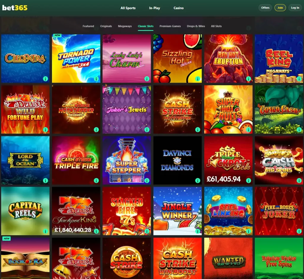 bet365 Casino desktop slots variety screenshot showing multiple slot categories, featured games and provider filters - tested