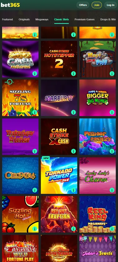bet365 Casino mobile slots variety screenshot displaying featured slots, categories and touch-optimized navigation - tested