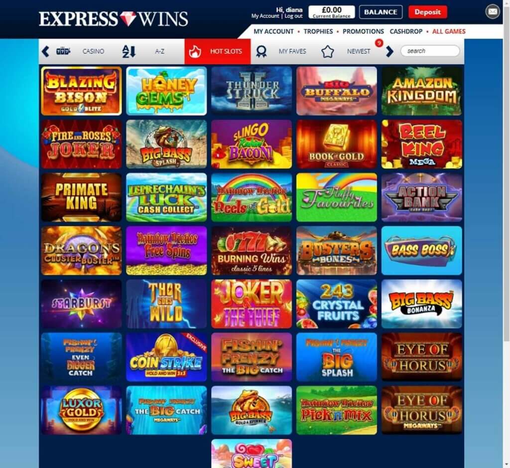 Express Wins Casino desktop slots gallery screenshot showing game categories and featured titles – tested