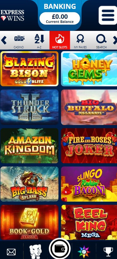Express Wins Casino mobile slots lobby screenshot showing slot categories and popular games – tested