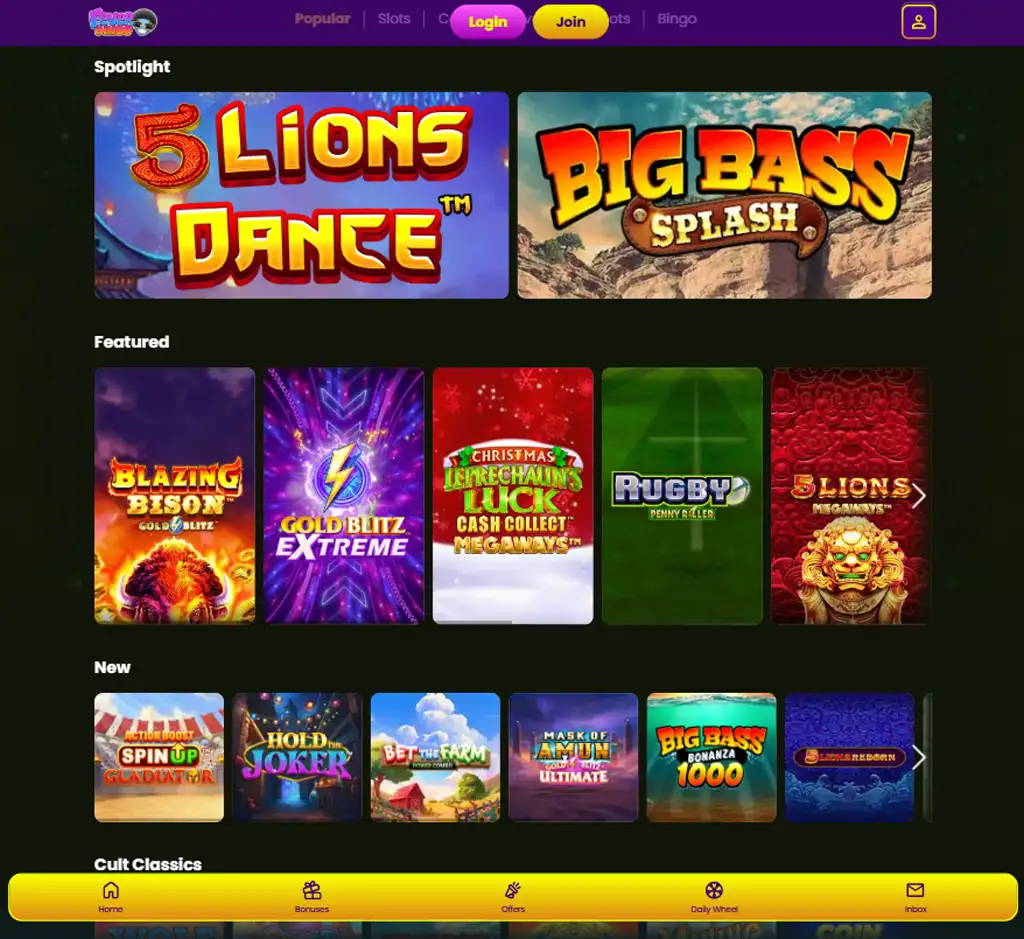 Fever Bingo Casino homepage desktop interface screenshot showing main lobby, featured games and promotions - tested