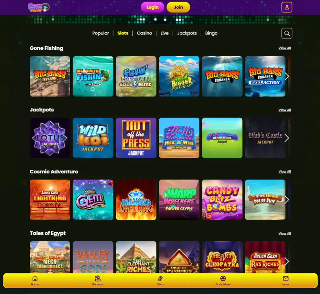 Fever Bingo Casino slot games desktop interface screenshot featuring slot categories and gameplay options - review testing