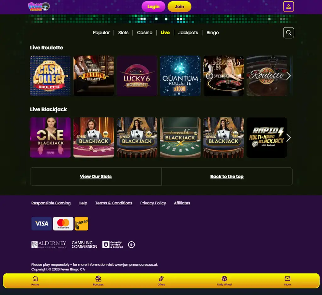 Fever Bingo Casino live casino desktop interface screenshot showing live dealer tables and streaming gameplay - captured during testing