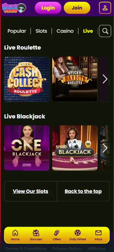 Fever Bingo Casino live casino mobile interface screenshot showing live dealer games and real-time gameplay - tested