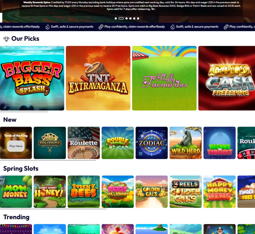 Lady Luckmore Casino desktop homepage screenshot displaying main lobby with featured games, promotions and navigation menu - tested