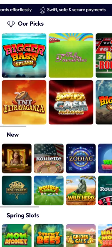 Lady Luckmore Casino mobile homepage screenshot showing main lobby with featured games and promotions - captured during platform testing