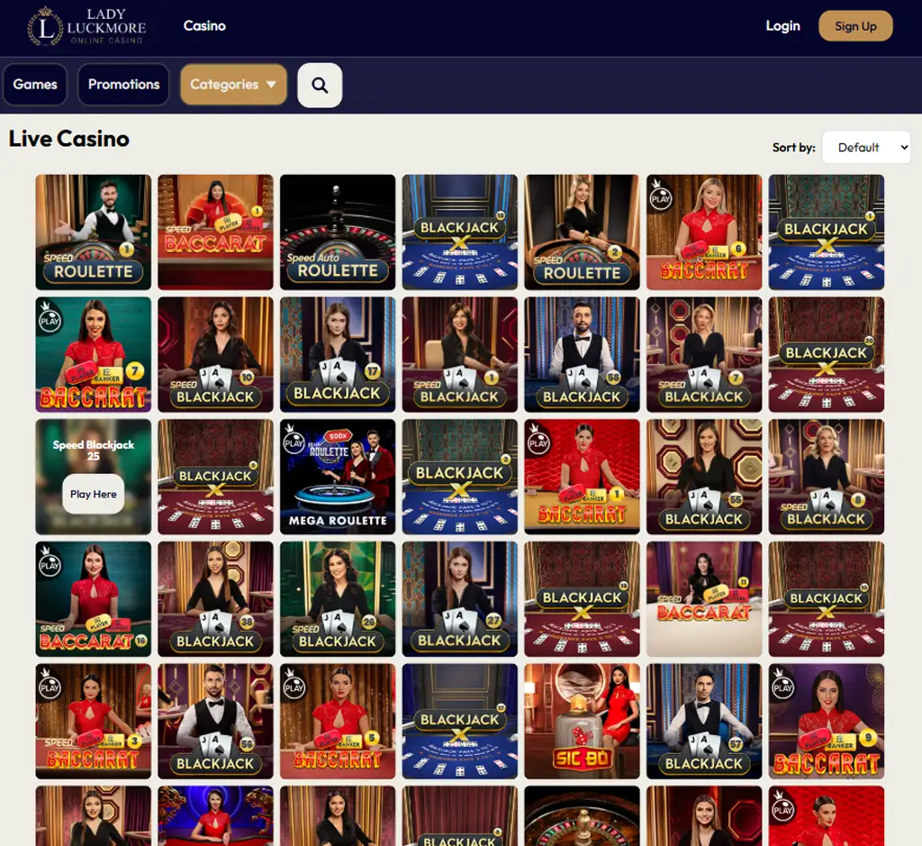 Lady Luckmore Casino desktop live casino lobby screenshot featuring live dealer games and real-time streaming interface - review testing