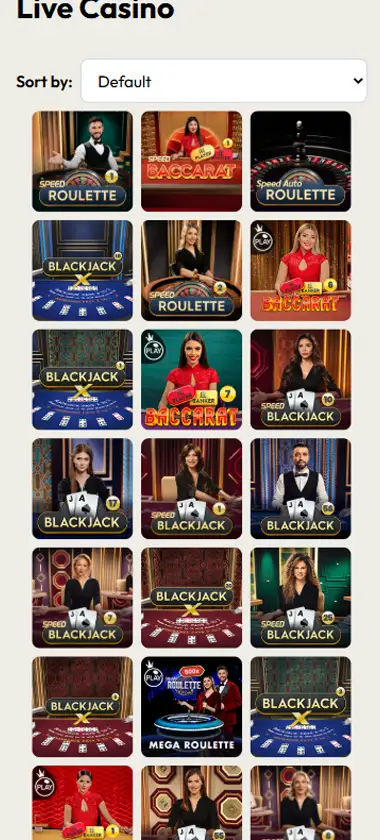 Lady Luckmore Casino mobile live dealer games collection screenshot displaying available live tables and categories with mobile-friendly interface/navigation - tested