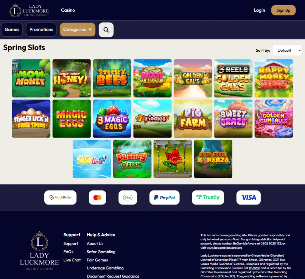 Lady Luckmore Casino desktop slots lobby screenshot presenting variety of slot games with categories and providers - verified