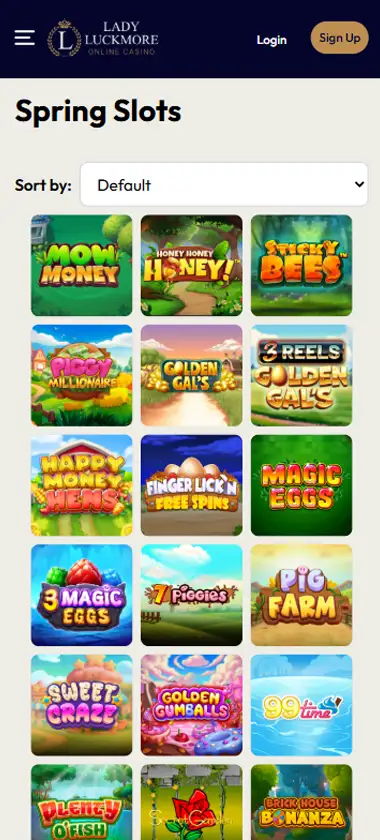 Lady Luckmore Casino mobile slots interface screenshot showing slot game selection with popular titles and filtering options - captured during platform testing