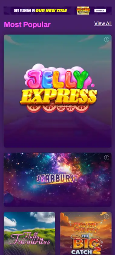 Lucky Pants Bingo Casino mobile slots interface screenshot showing slot game selection with popular titles and filtering options - captured during platform testing