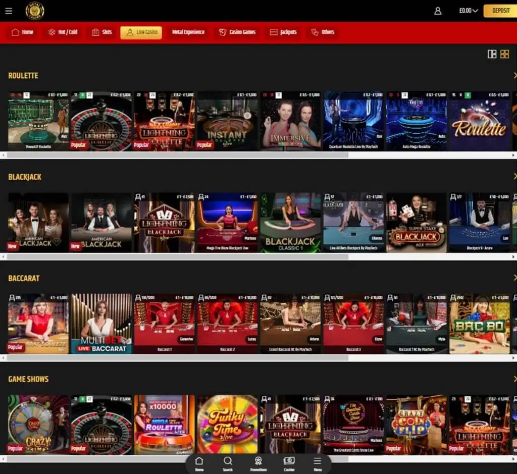 Metal Casino desktop interface screenshot showing live dealer games collection with blackjack and roulette - tested
