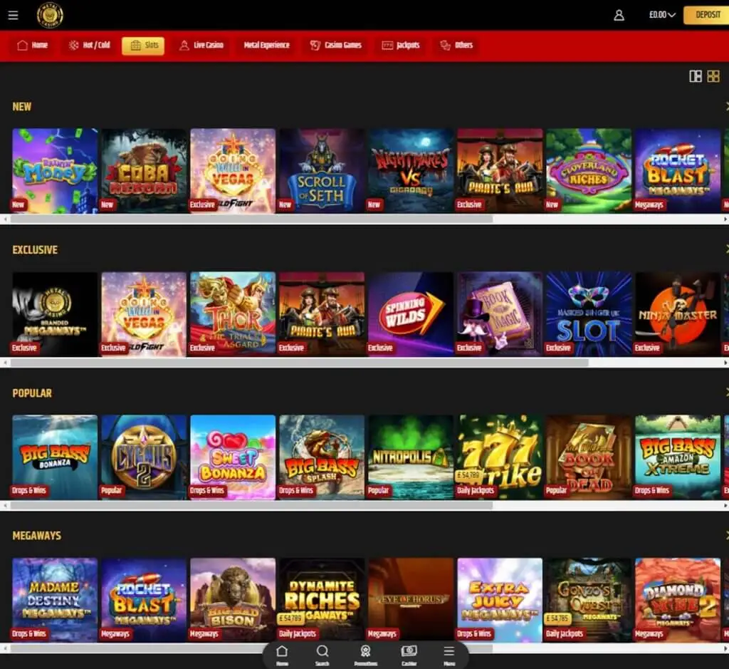 Metal Casino desktop interface screenshot showing selection of slot games with game thumbnails - tested