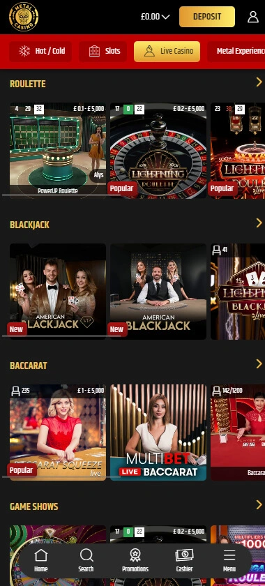 Metal Casino mobile interface screenshot showing live dealer games including blackjack, roulette, and baccarat - tested
