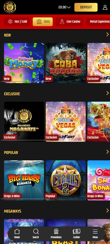 Metal Casino mobile interface screenshot showing slots game lobby and popular games - tested