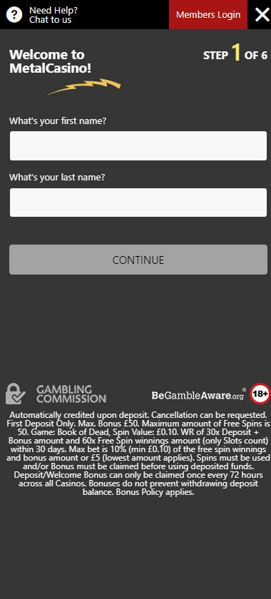 Metal Casino mobile interface screenshot showing registration step 1 with initial account setup fields – tested