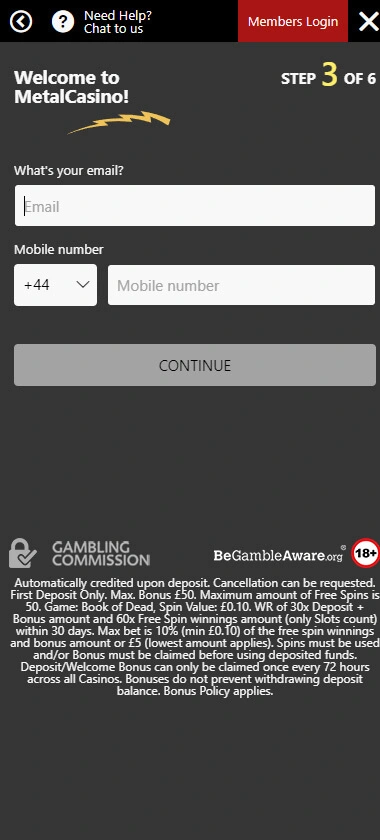 Metal Casino mobile interface screenshot showing registration step 3 with initial account setup fields – tested