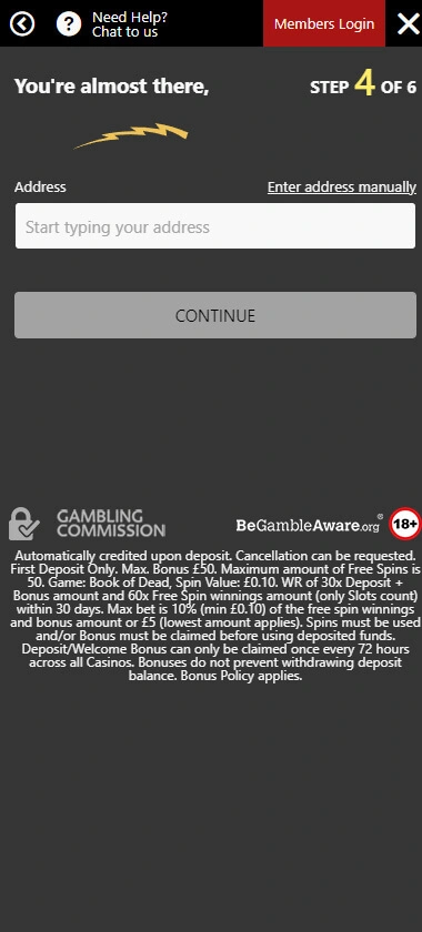 Metal Casino mobile interface screenshot showing registration step 4 with initial account setup fields – tested