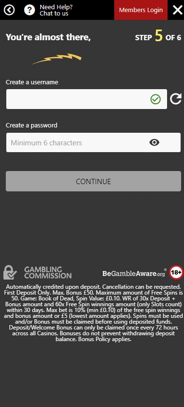 Metal Casino mobile interface screenshot showing registration step 5 with initial account setup fields – tested